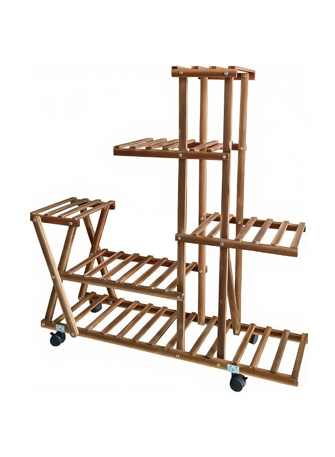 6-Tier Wooden Plant Stand with Wheels, Mobile Flower Shelf for Indoor & Outdoor, Solid Spruce Wood Balcony Garden Rack, 30kg Capacity for Pots, Books, Decor - Image 2
